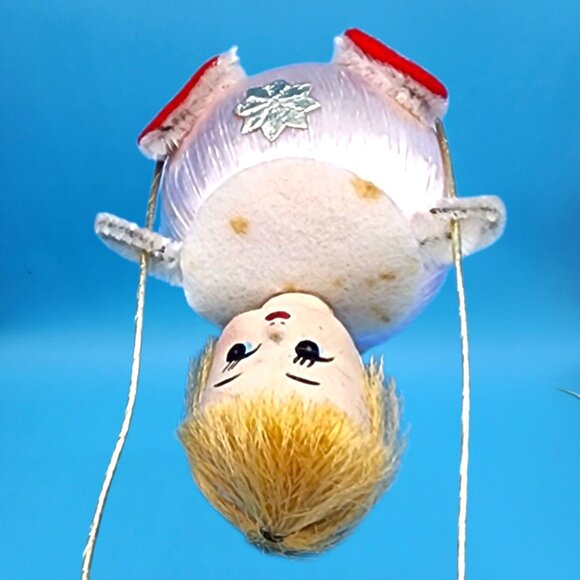 Vintage 1960s Satin Ball Angel Ornament Foil Wings Spun Cotton Composite Face v4 - Picture 7 of 8